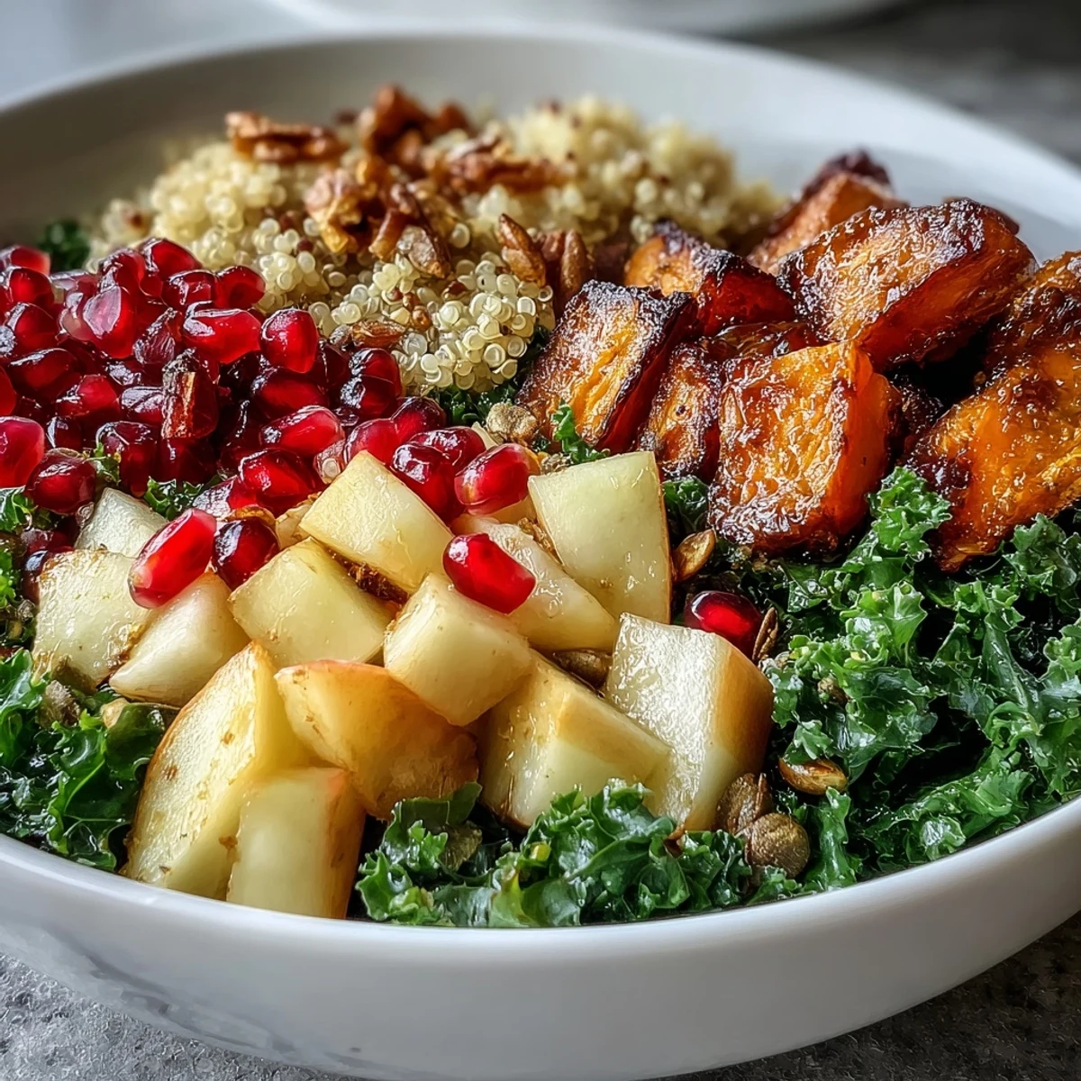 Vibrant Kale Harvest Grain Bowl topped with juicy pomegranate seeds, diced apple, and crunchy pepitas, ready to serve.
