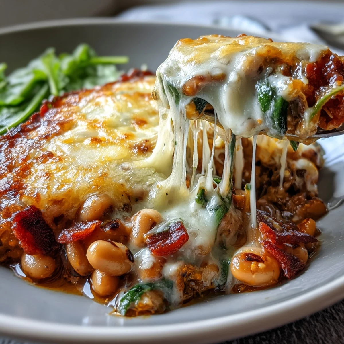 Golden-brown Tex Mex Black Eyed Pea Casserole bubbling with melted cheddar and bacon.