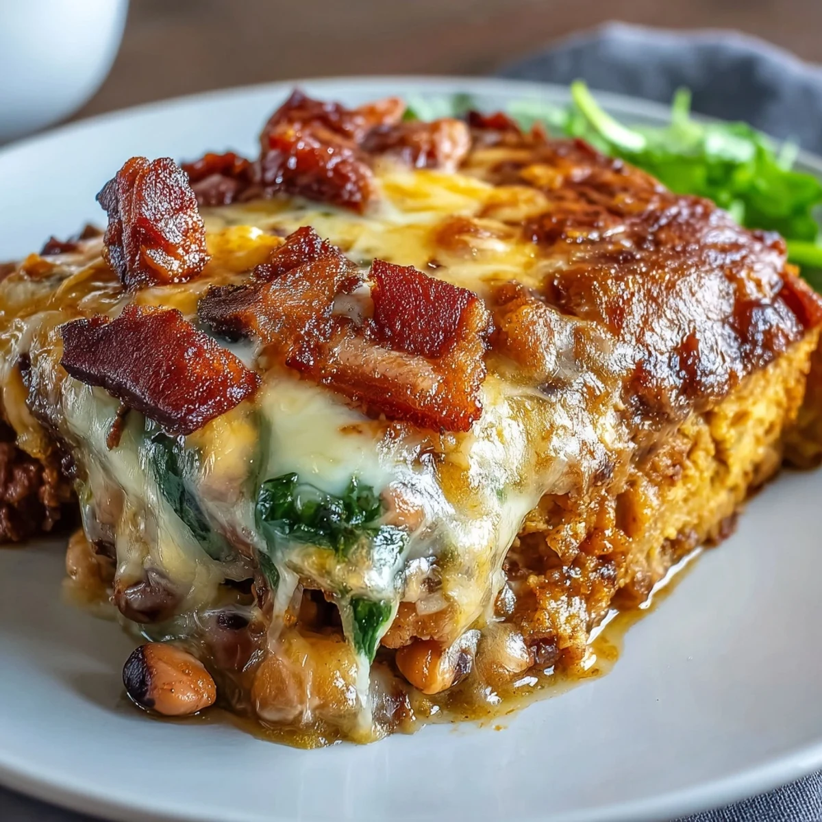 Close-up of a serving spoon scooping Tex Mex Black Eyed Pea Casserole with spinach.