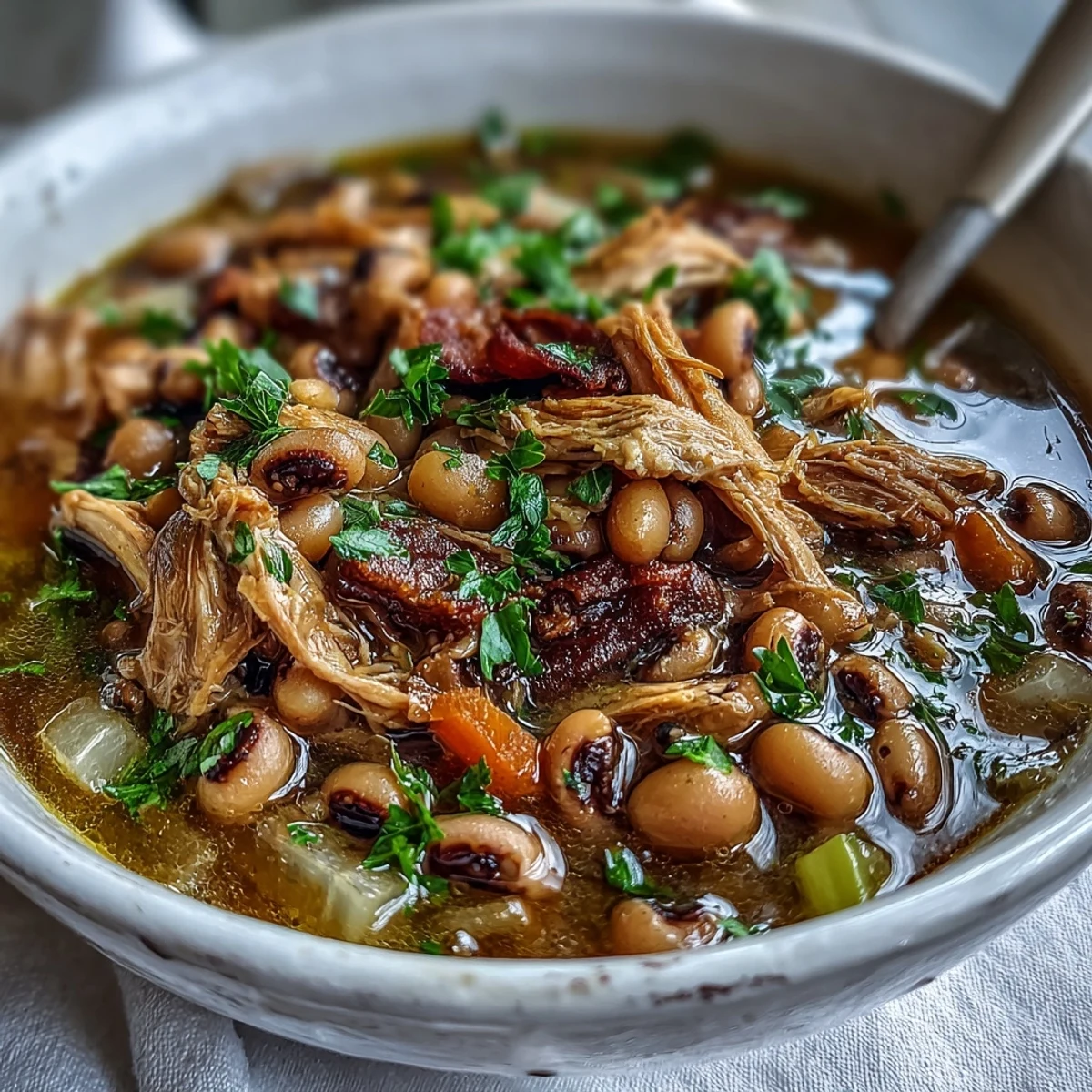 A rustic bowl of Black-Eyed Peas With Smoked Turkey served with hot sauce and parsley.