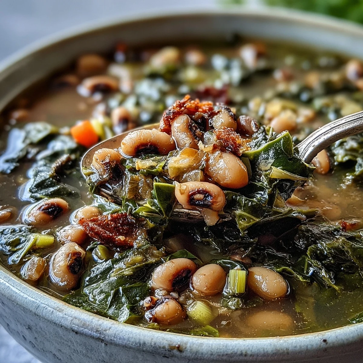 Tender black-eyed peas and slow-simmered collard greens in a rich, savory broth, garnished with a pinch of paprika.