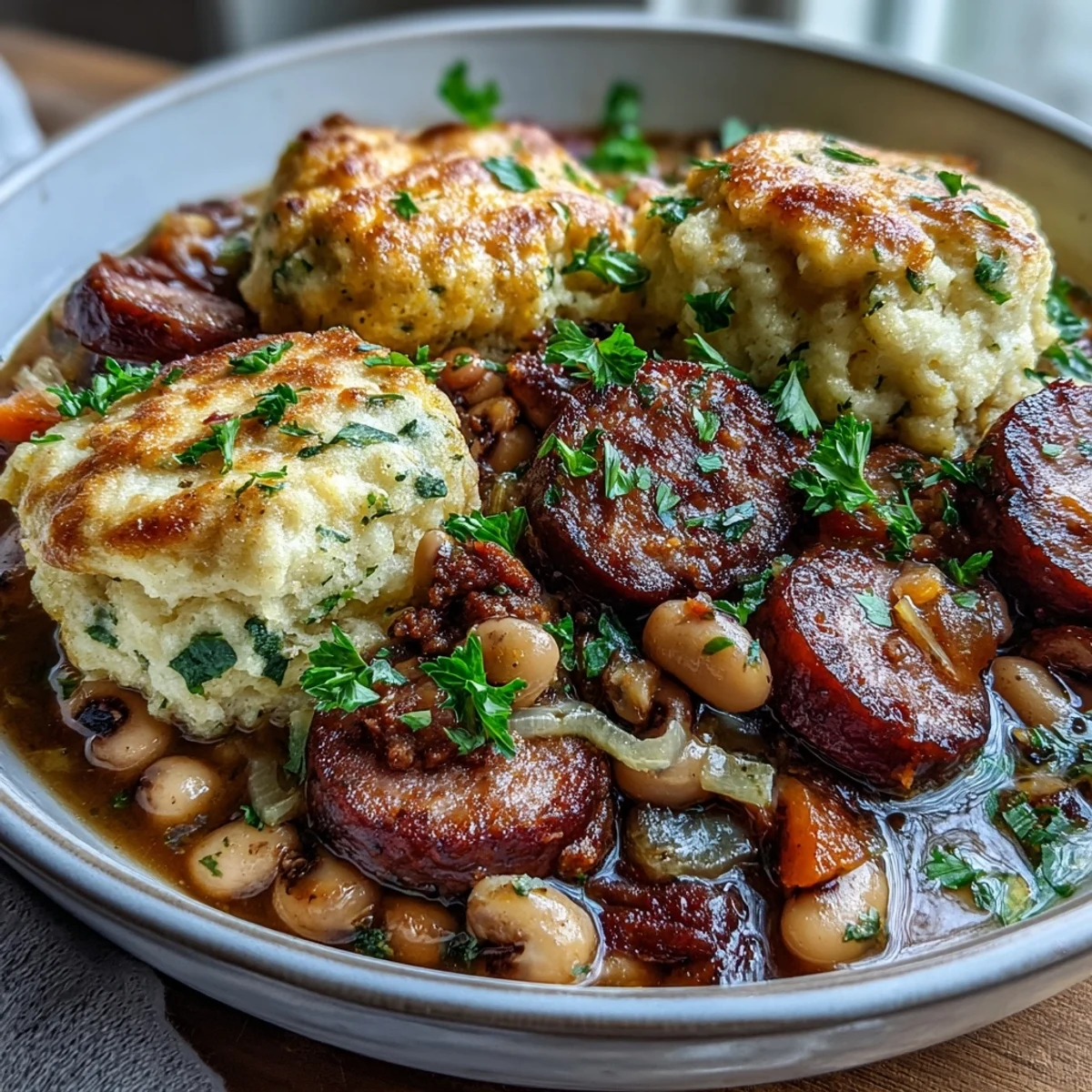A close-up of Black-Eyed Peas and Sausage Dumplings, featuring tender dumplings steaming over a rich stew with sausage and vegetables in a rustic pot.