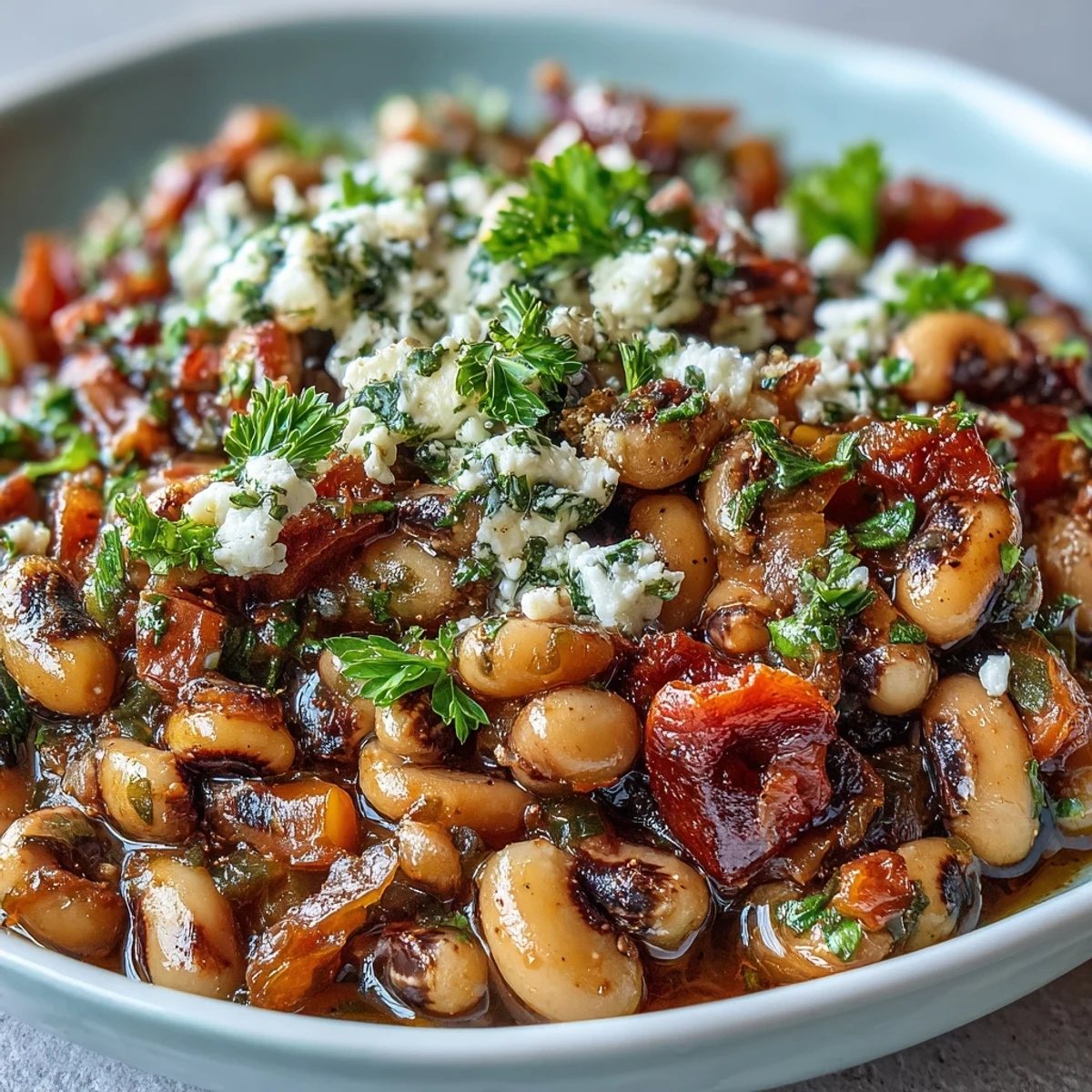 Creamy Greek-Style Slow Cooker Black-Eyed Peas stew served hot with fresh parsley and lemon wedges for a vegan Mediterranean meal.