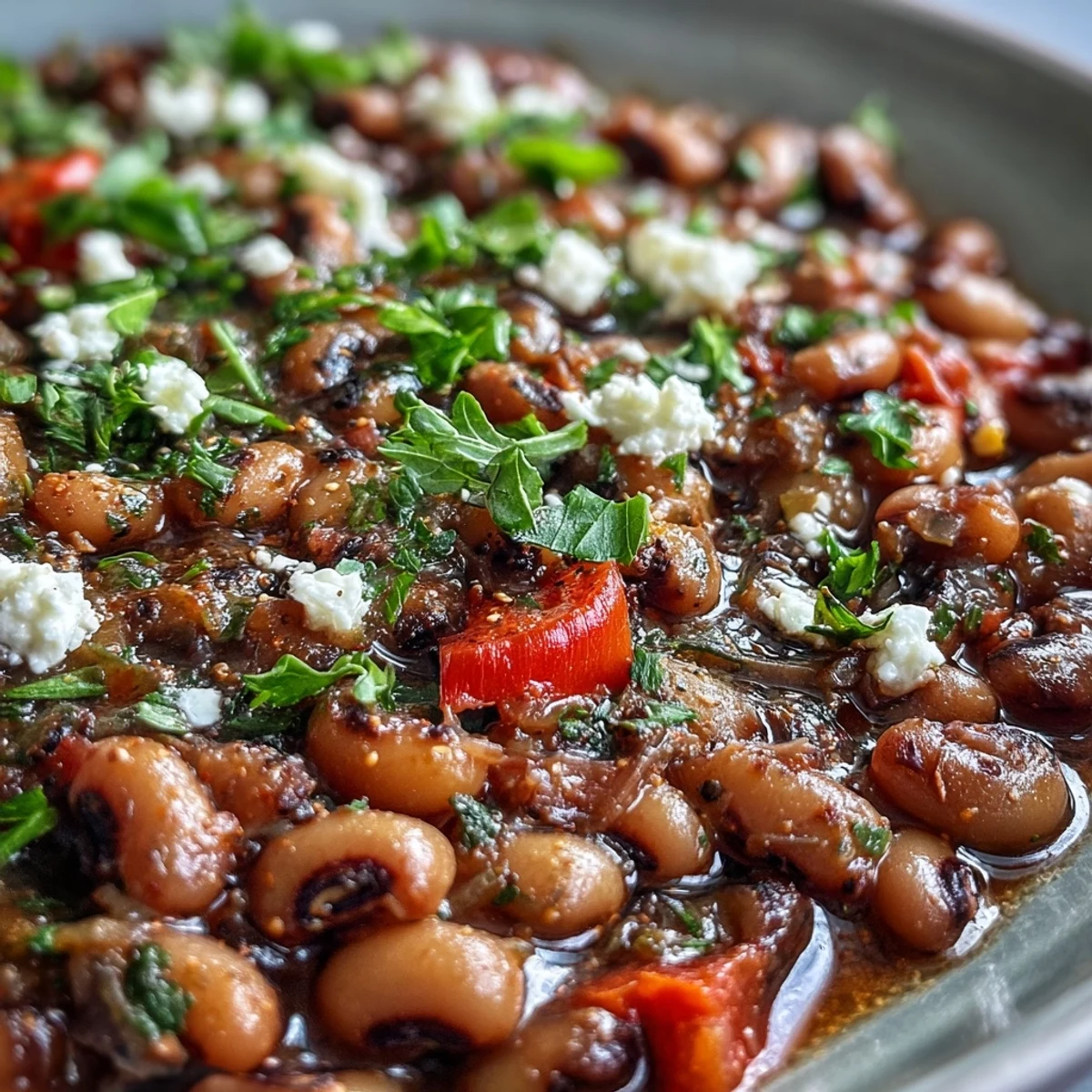 Hearty Mediterranean black-eyed peas simmering in a slow cooker with diced tomatoes, carrots, and red bell peppers.