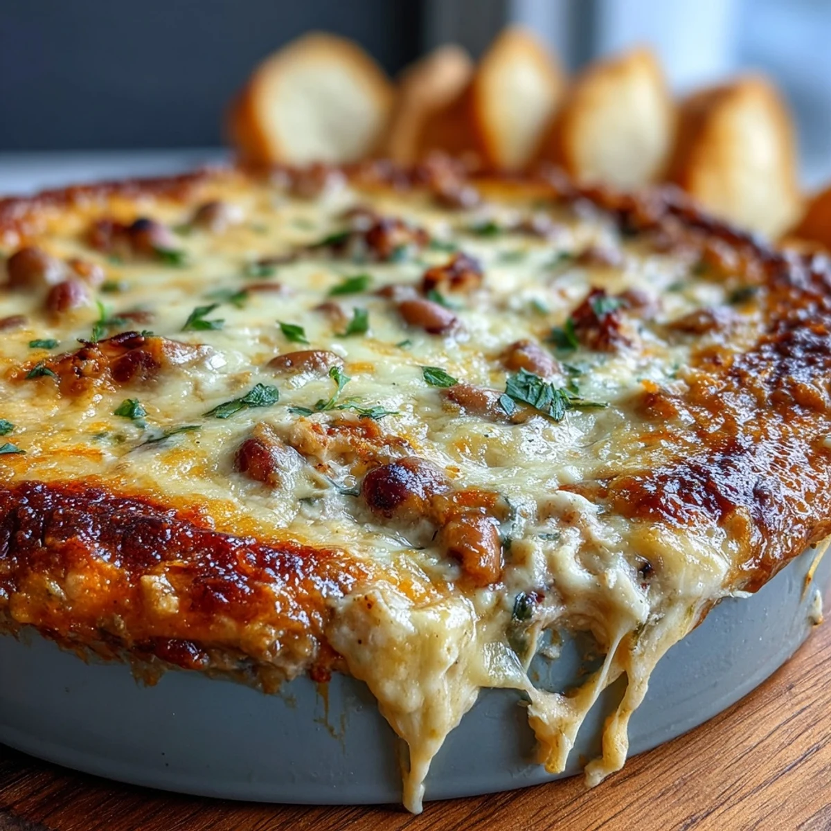 Golden, bubbly Hot Black-Eyed Pea Dip fresh from the oven, garnished with green onions and ready for dipping with crisp tortilla chips.