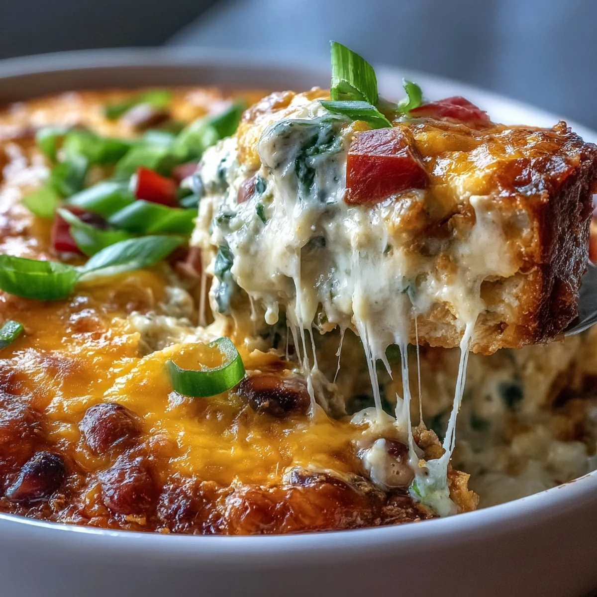 Spicy Hot Black-Eyed Pea Dip topped with melted cheddar, pickled jalapeños, and red bell peppers, perfect for a cozy game day gathering.