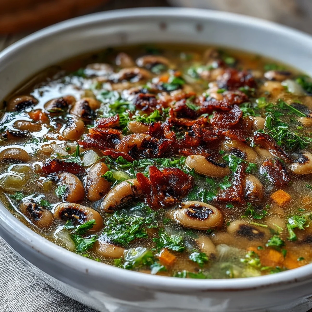 Steaming Black-Eyed Peas and Bacon Soup in a rustic bowl, garnished with crisp bacon crumbles and fresh parsley.