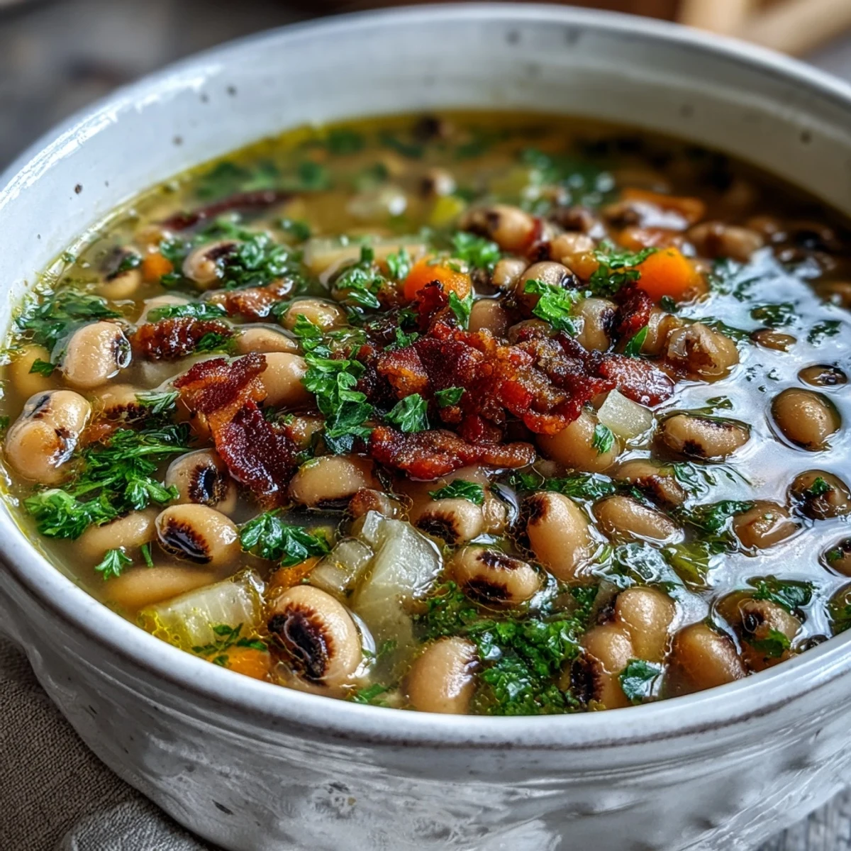 Close-up of a cozy bowl of Black-Eyed Peas and Bacon Soup, ready to enjoy with a side of cornbread.