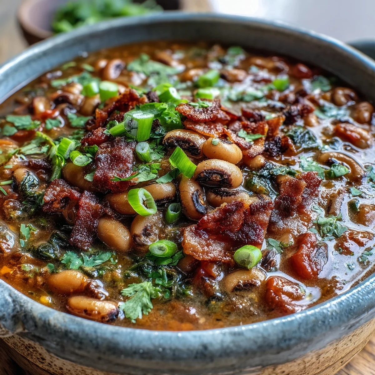 Steaming bowl of Big Pot of Texas Black-Eyed Peas, garnished with fresh cilantro and green onions.
