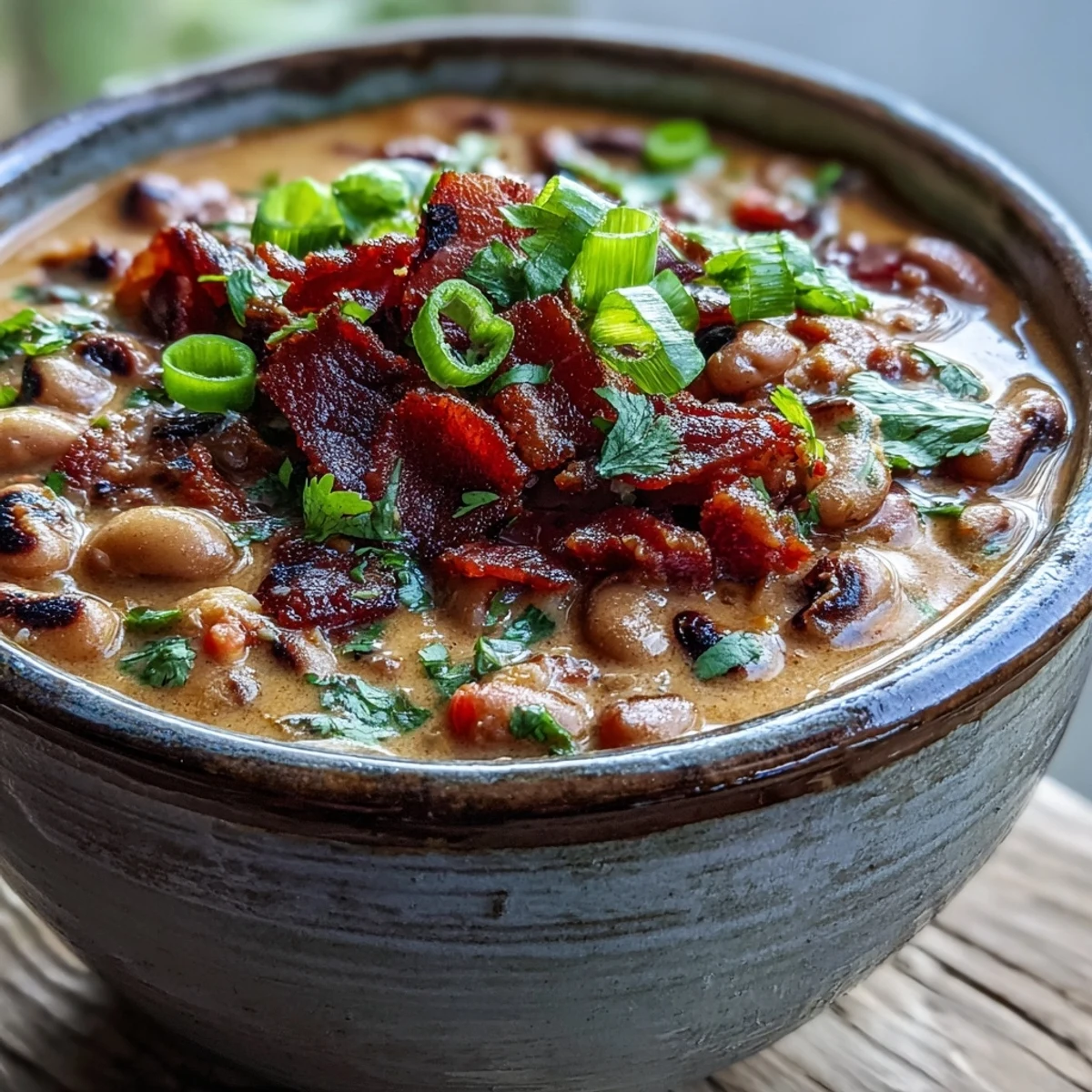 Serving of Big Pot of Texas Black-Eyed Peas with a side of buttery cornbread on a rustic table.