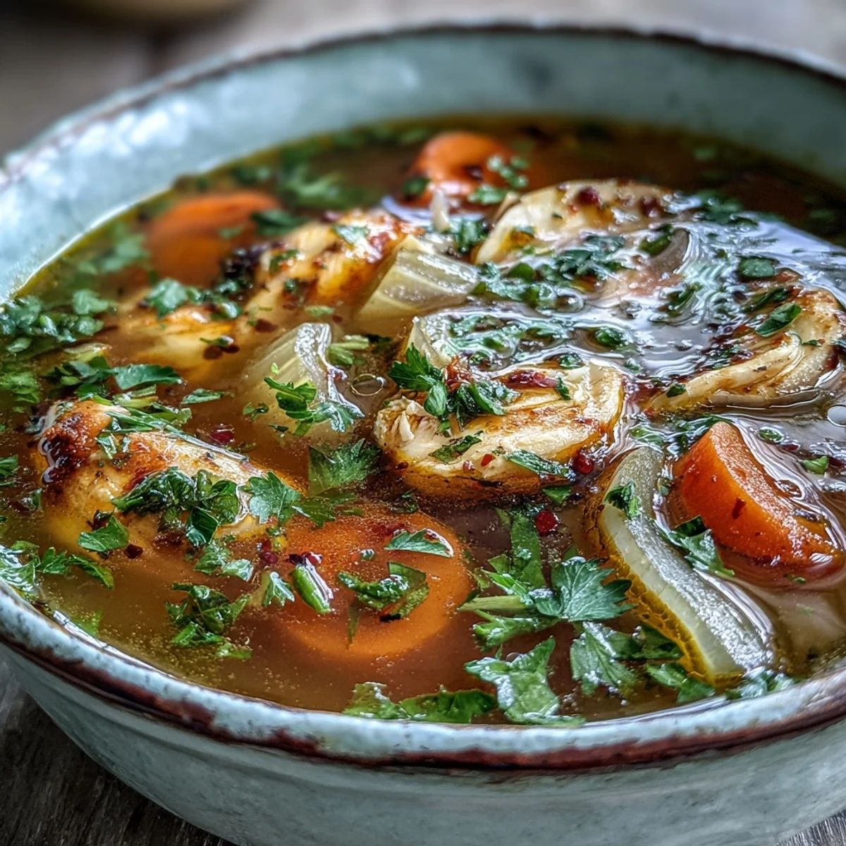 Golden Ginger Turmeric Chicken Soup steaming in a white bowl, garnished with fresh parsley and served with crusty bread.