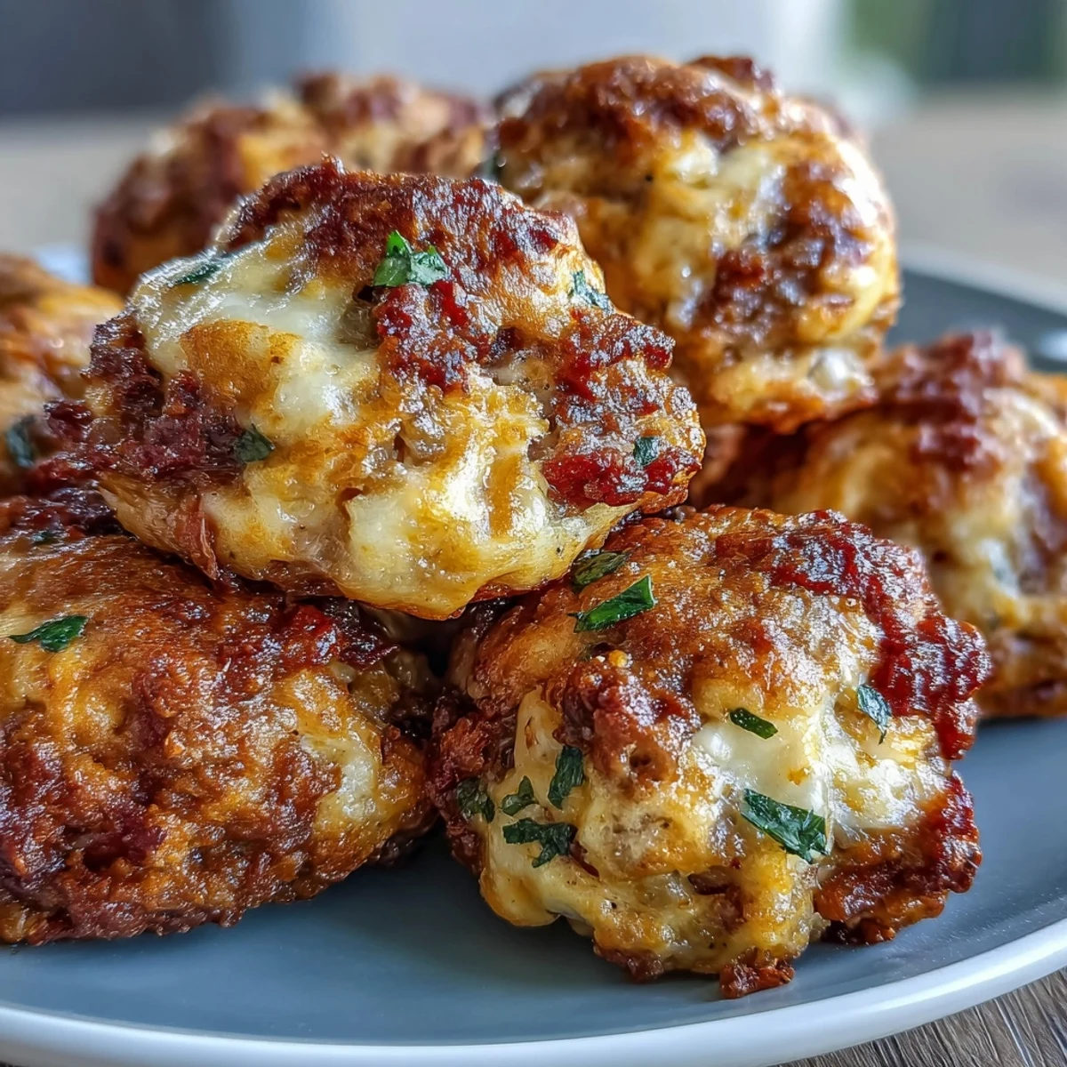 Golden-brown Rotel Sausage Balls fresh from the oven, featuring bubbly melted cheddar and specks of red tomato and green chili.