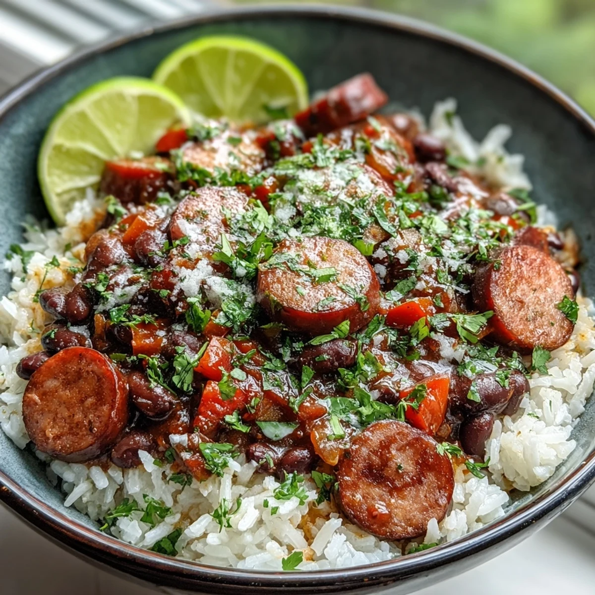 Close-up of the Black Beans, Sausage, and Rice Skillet revealing juicy sausage slices, diced red peppers, and perfectly cooked rice.