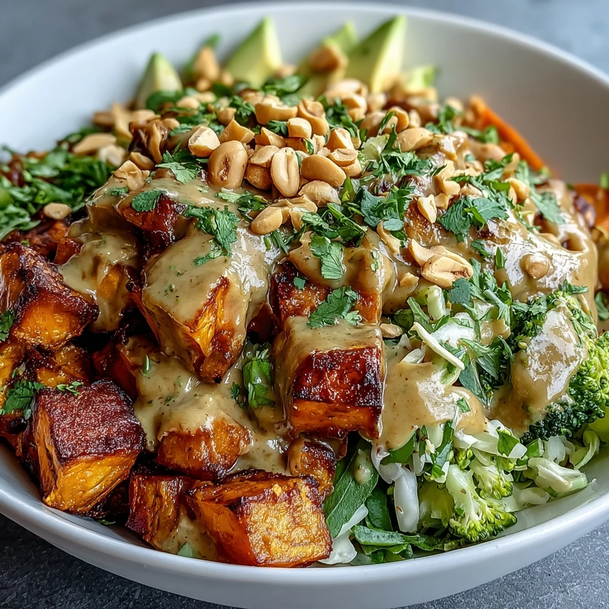 Colorful Thai Peanut Sweet Potato Buddha Bowl topped with avocado, cabbage, and chopped peanuts on a white plate.