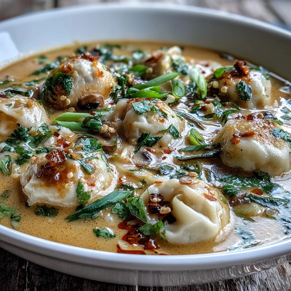 Steaming bowl of Quick Coconut Curry Soup with Dumplings, garnished with cilantro and crunchy garlic.