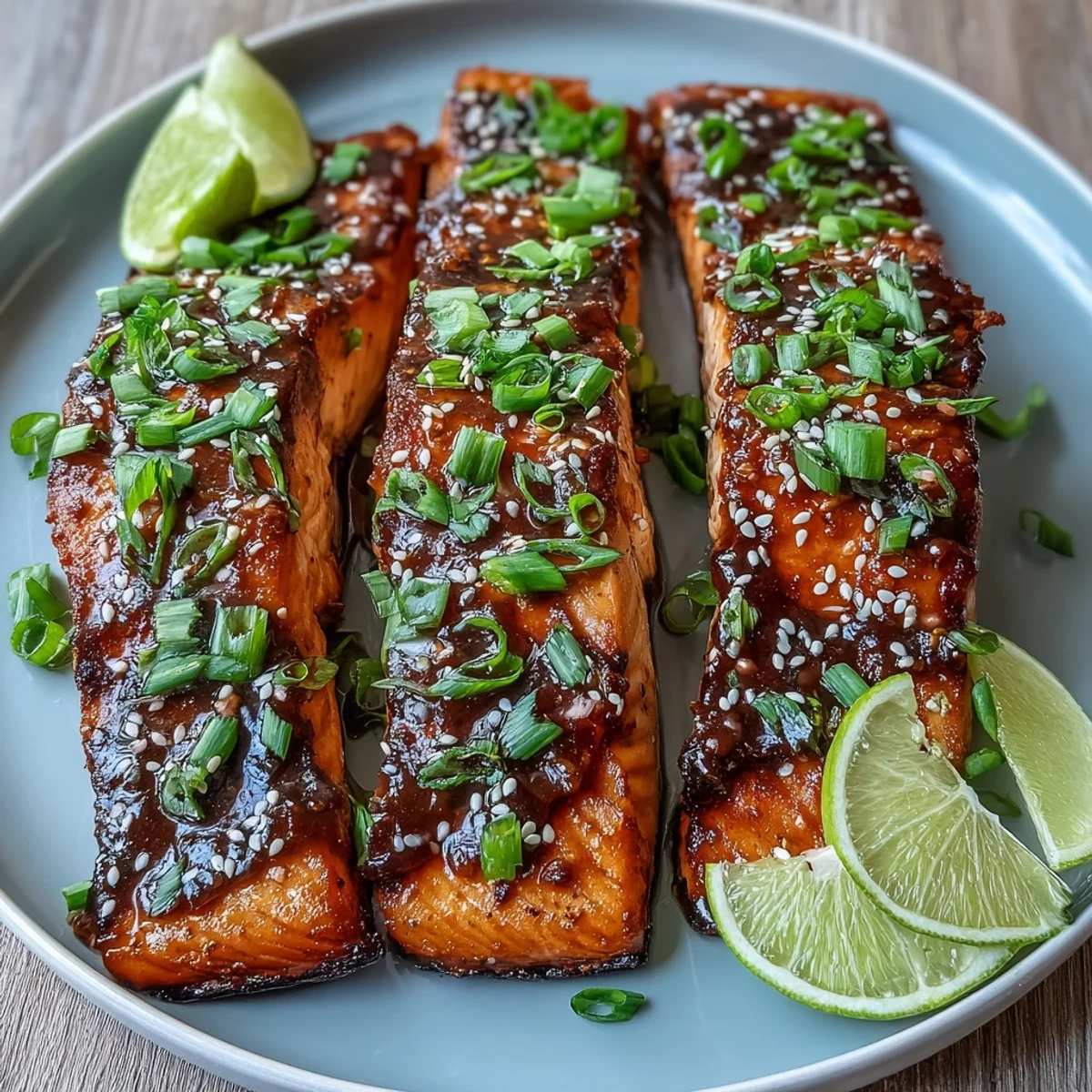 Freshly baked Bang Bang Salmon fillets topped with a creamy, spicy-sweet sauce and green onions, served on a white plate.