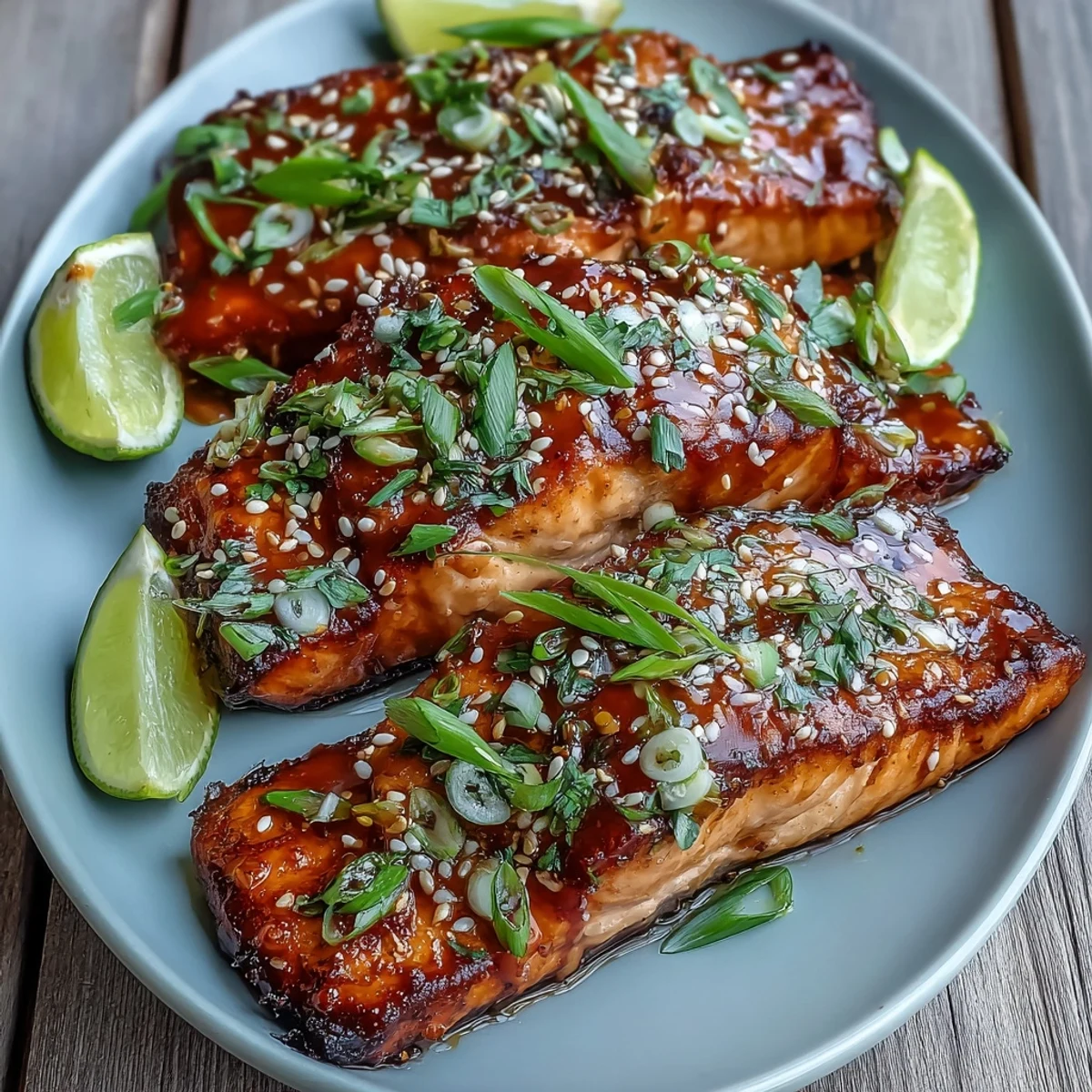 Sizzling grilled Bang Bang Salmon fillets garnished with sesame seeds and lime wedges, ready to serve with rice.