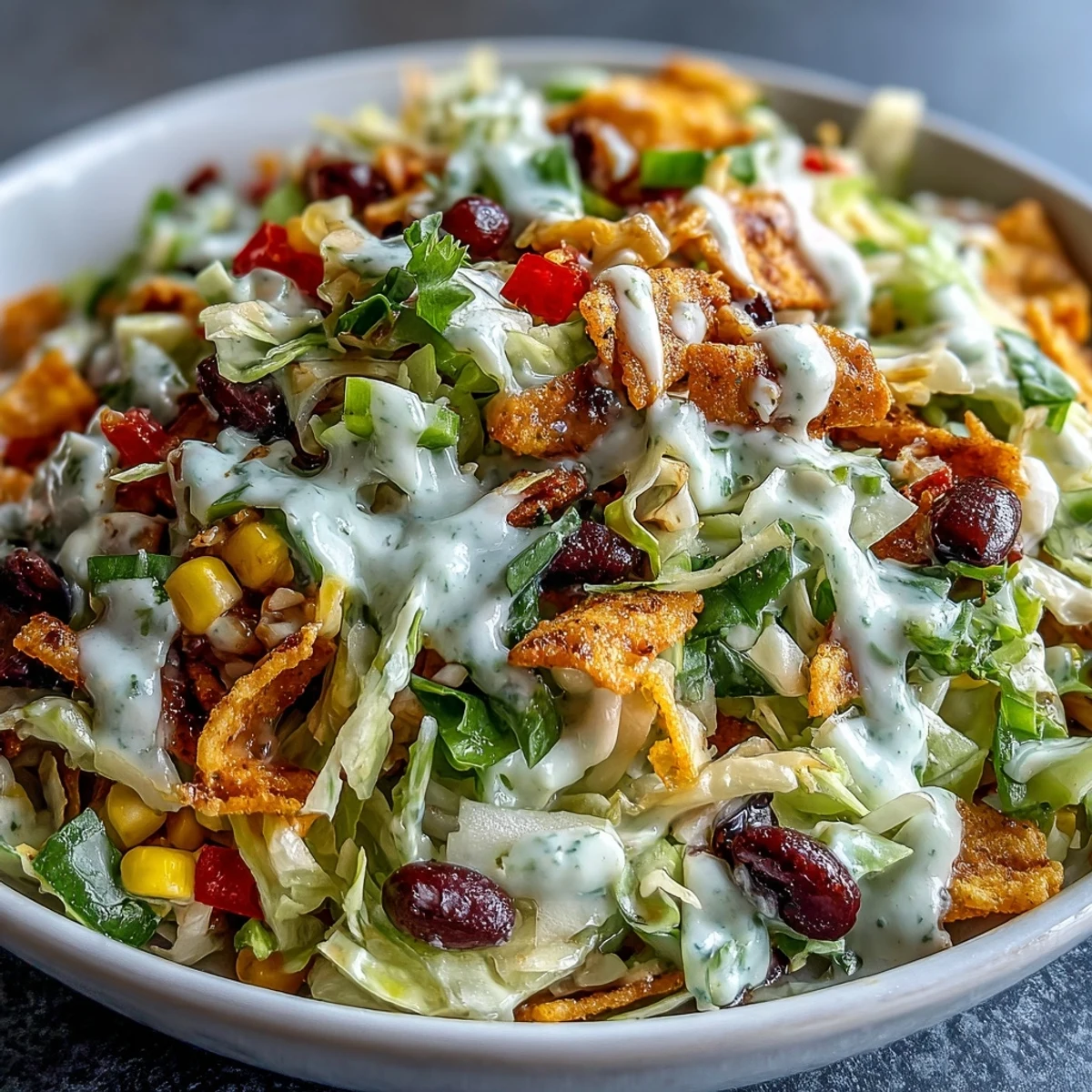Fresh Frito Cowboy Cabbage salad with coleslaw mix, black beans, corn, and Chili Cheese Fritos in a bowl.