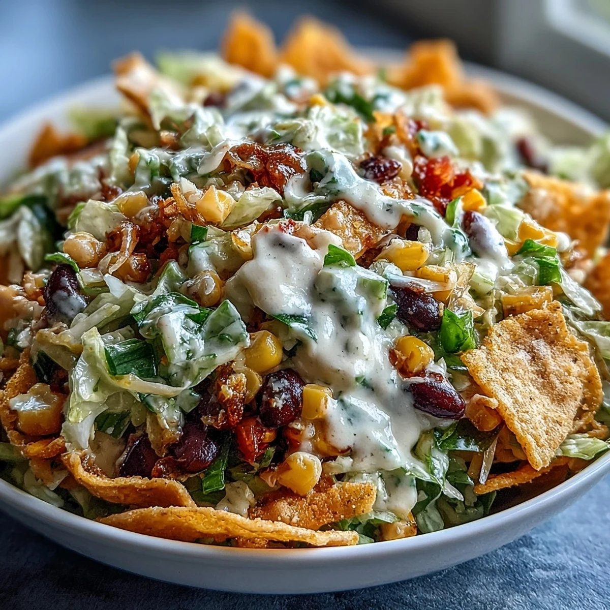 Zesty Frito Cowboy Cabbage side dish mixed with a smoky chipotle dressing and colorful peppers for a gathering.