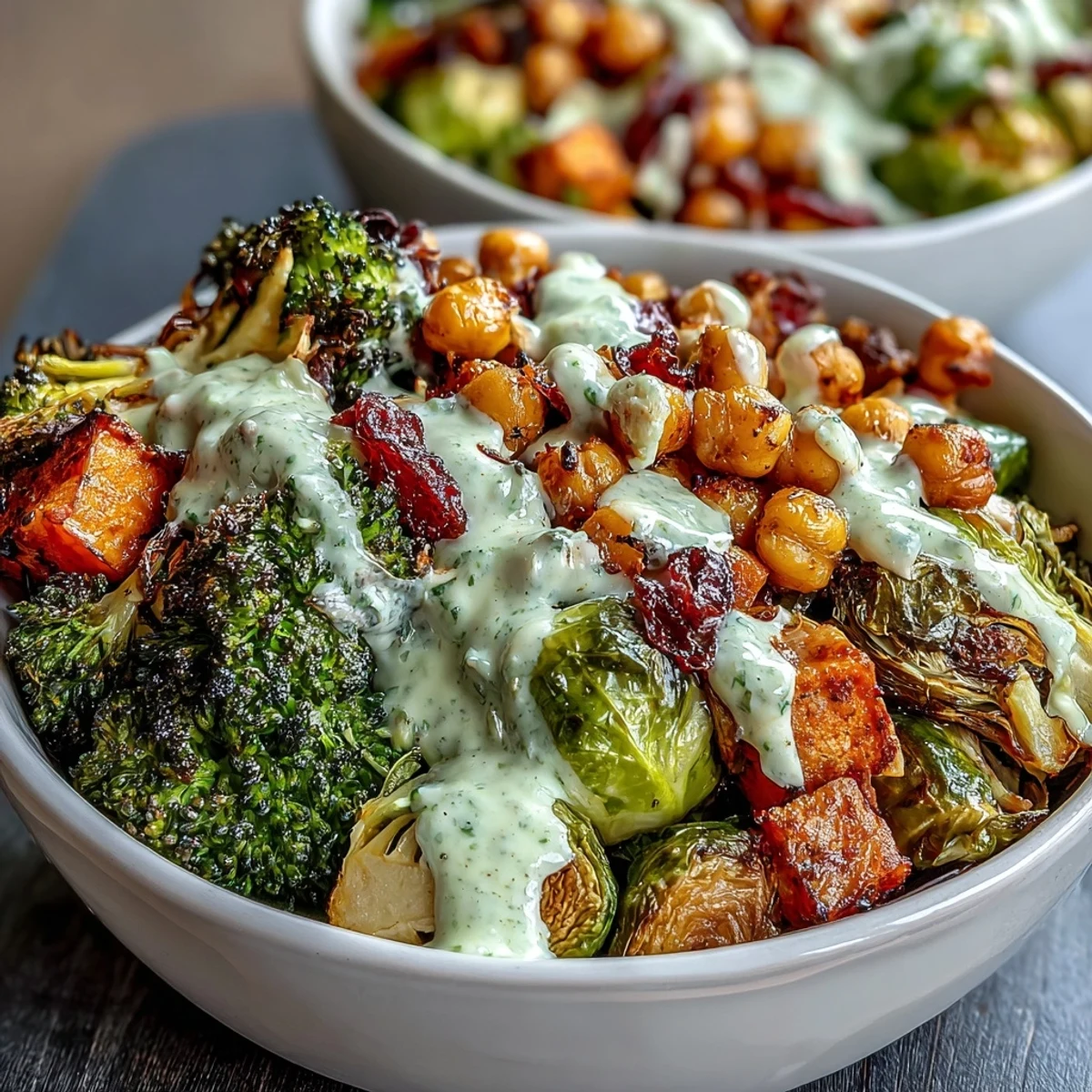 A close-up view reveals caramelized vegetables and crunchy chickpeas in a bowl, finished with a drizzle of rich, creamy Maple Dijon Tahini Dressing.