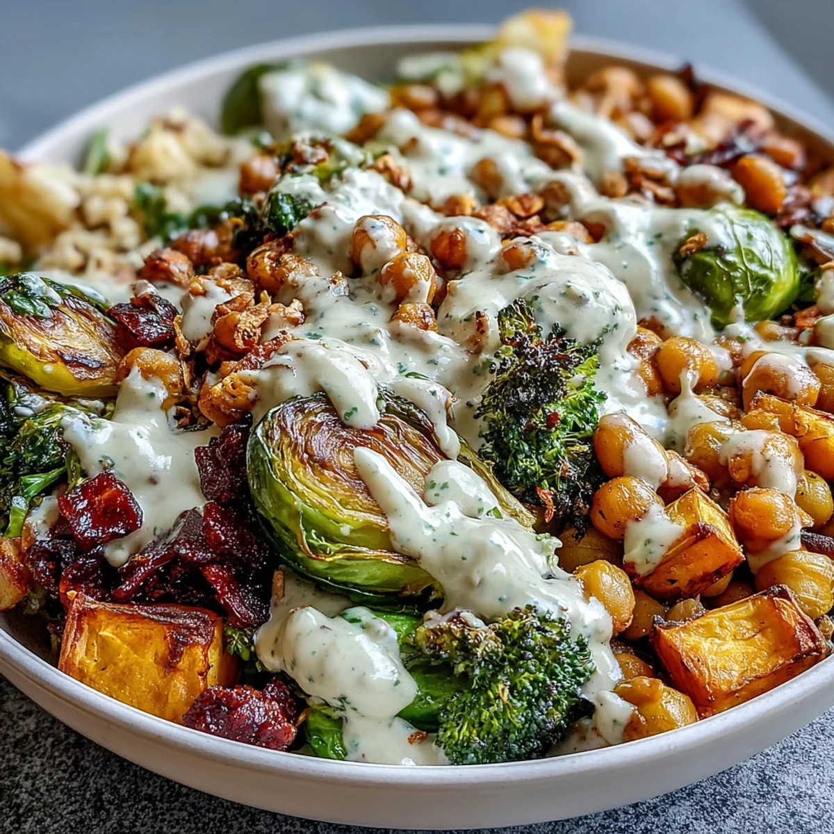Overhead shot of vibrant roasted veggie and chickpea bowls with creamy dressing, perfect for a healthy vegan meal prep or easy weeknight dinner.