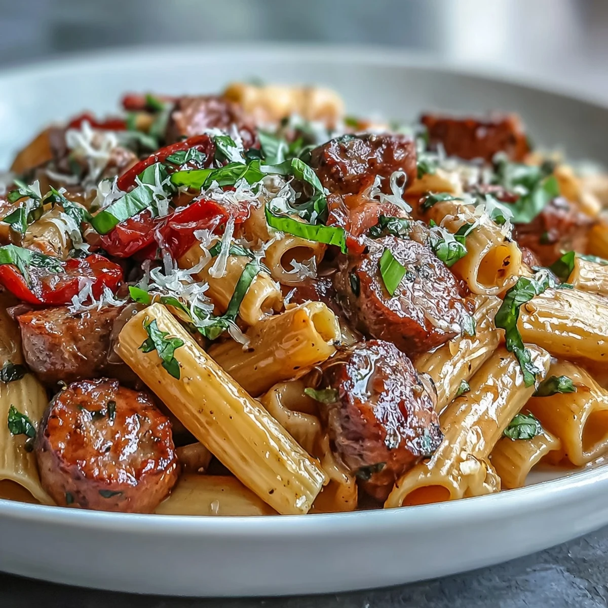 Steaming One-Pot Red Wine Sausage Pasta with spicy sausage, peppers, and a creamy sauce.