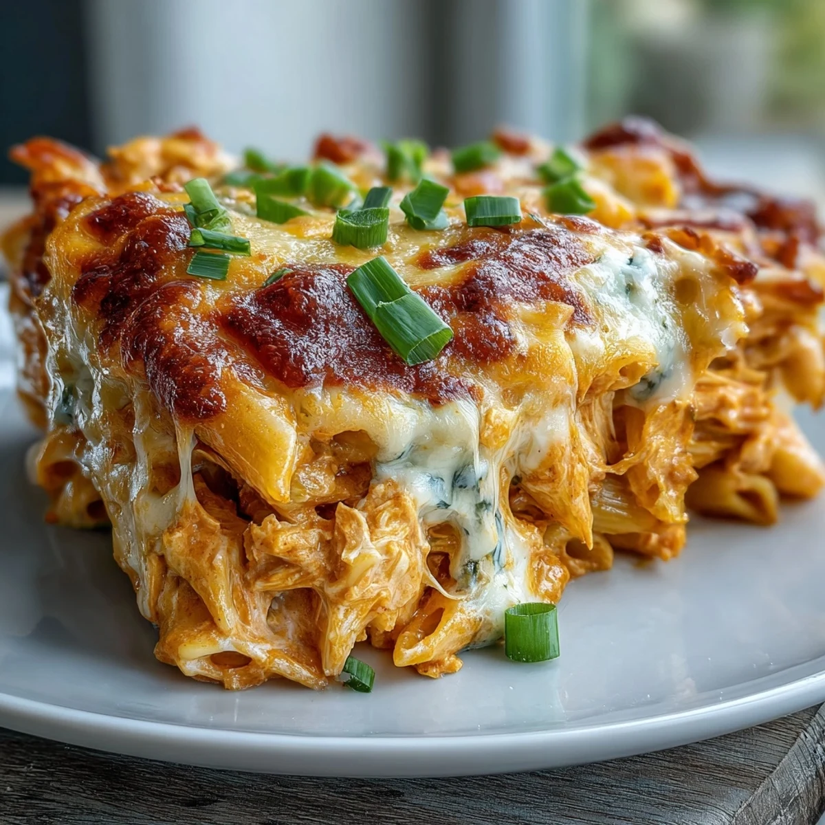 Golden, bubbly Creamy Buffalo Ranch Chicken Pasta Bake fresh from the oven, featuring penne pasta tossed in spicy buffalo and ranch cream sauce.