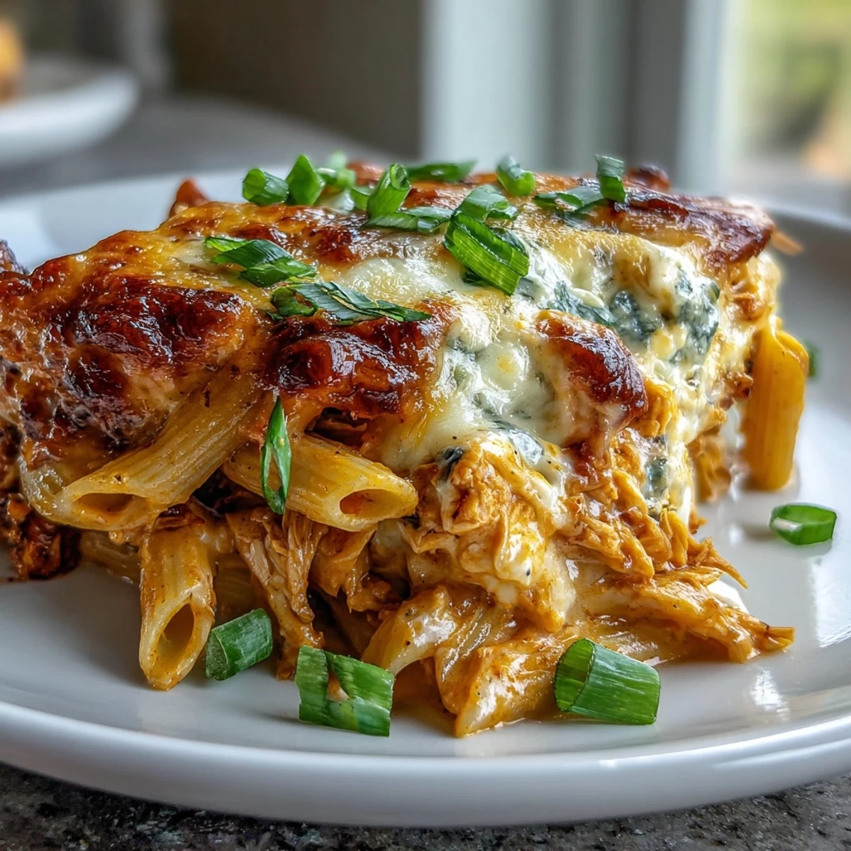 A hearty serving of Creamy Buffalo Ranch Chicken Pasta Bake topped with fresh green onions, presented in a rustic baking dish.