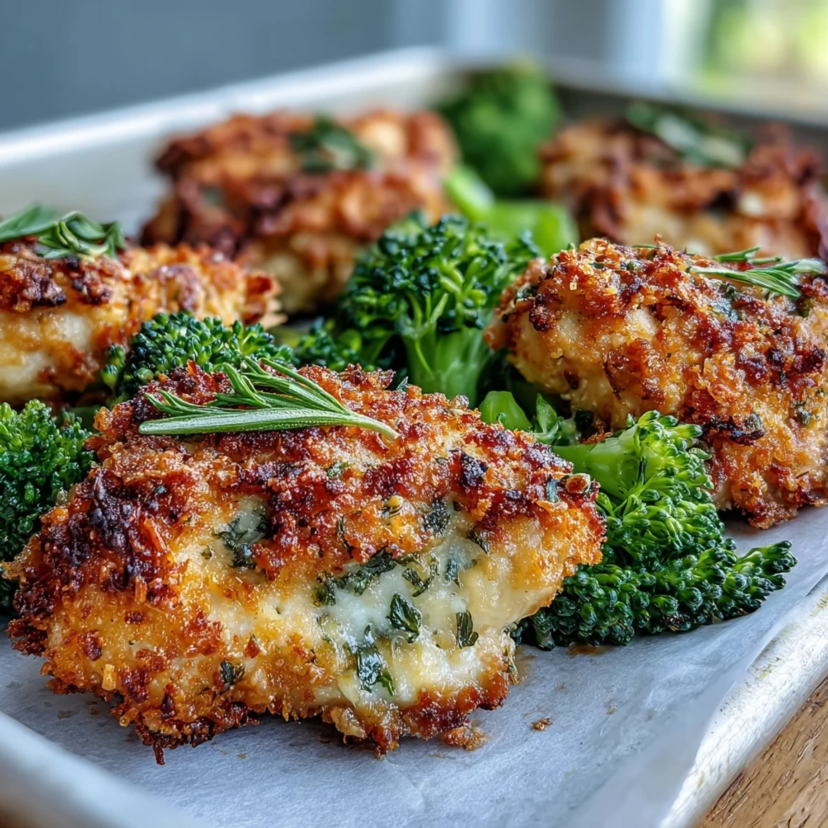 Golden-brown Parmesan broccoli and chicken from a single tray, served hot with fresh parsley and lemon wedges.