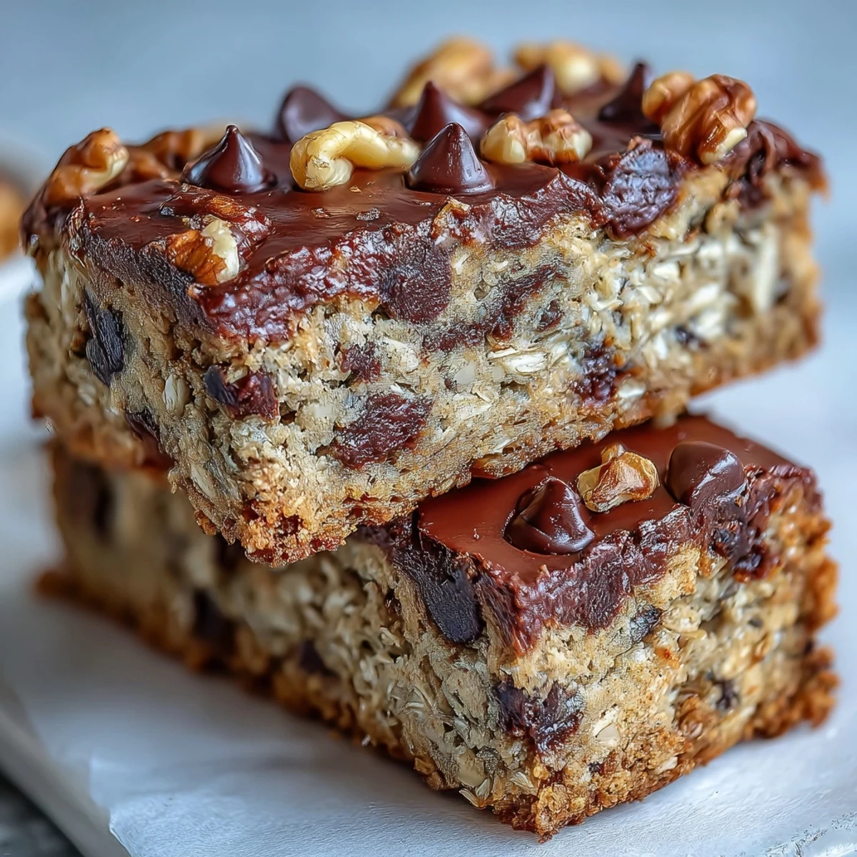 A wholesome, grab-and-go snack of Chunky Monkey Protein Baked Oat Bars wrapped in parchment paper, ideal for an on-the-road energy boost or post-workout refuel.