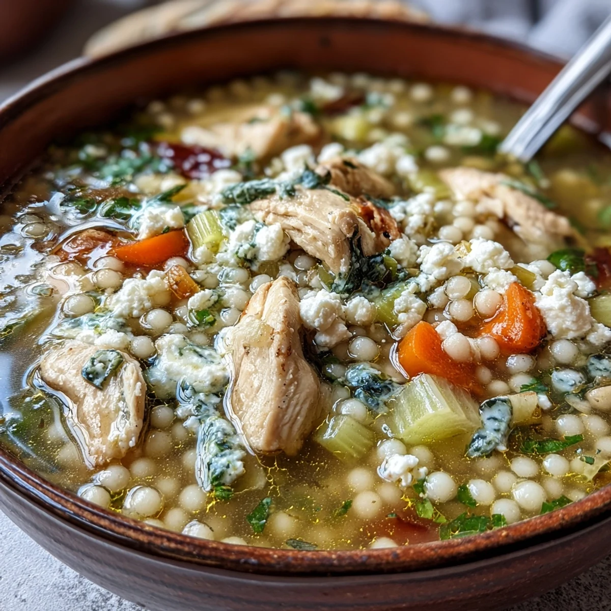 Steaming bowl of Greek Chicken & Pearl Couscous Soup topped with feta and fresh dill.