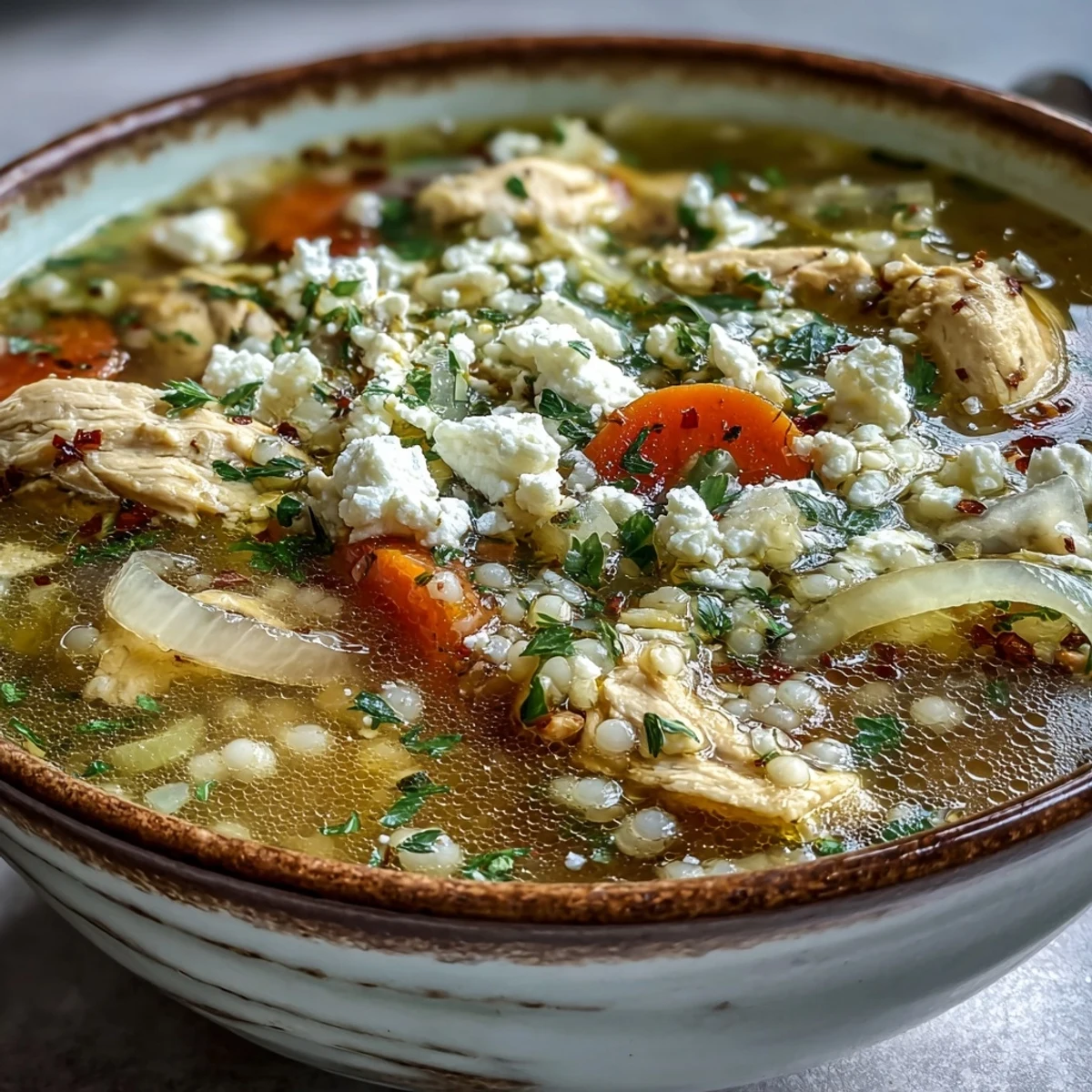 A comforting bowl of Greek Chicken & Pearl Couscous Soup with lemon wedges on the side.