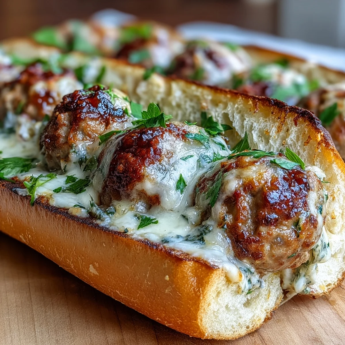 Golden-brown baked turkey meatballs coated in a rich garlic-Parmesan cream sauce, nestled inside a toasted hoagie roll and topped with bubbly, melted mozzarella cheese.