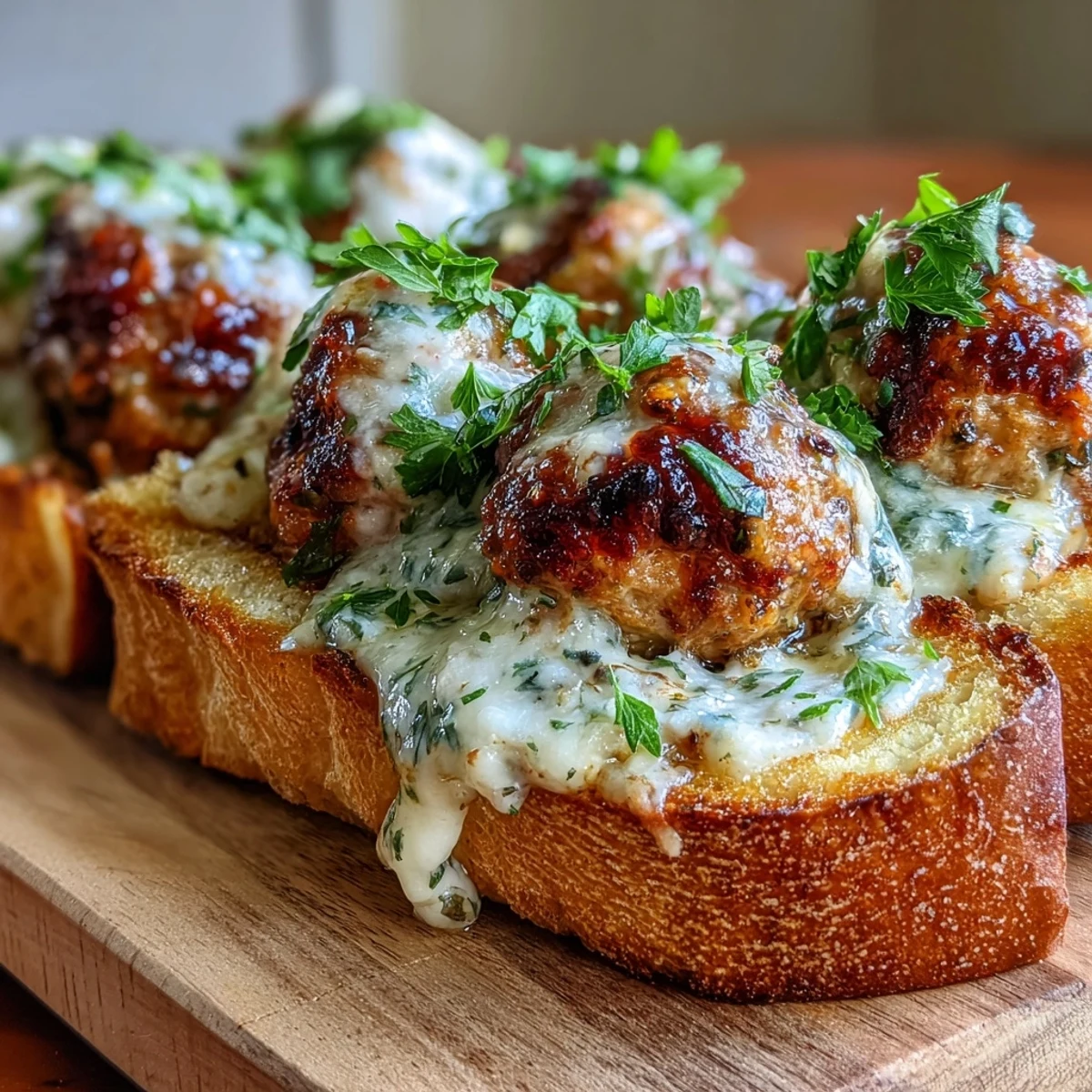 A close-up of a hearty Garlic Parmesan Turkey Meatball Sub, featuring juicy meatballs and melted mozzarella spilling out of a golden toasted Italian roll.
