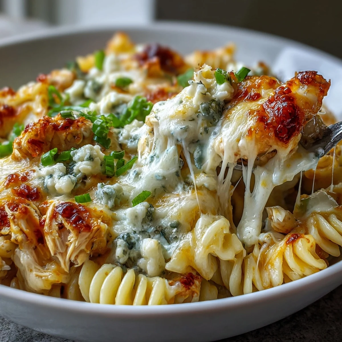 A plated serving of Buffalo Ranch Chicken Pasta Bake garnished with green onions and blue cheese crumbles.