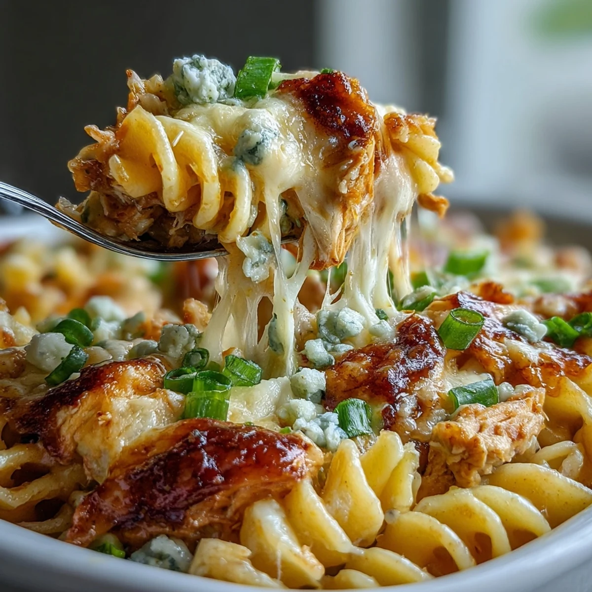 A close-up shows rotini pasta and tender shredded chicken coated in spicy buffalo sauce and rich ranch cream. 