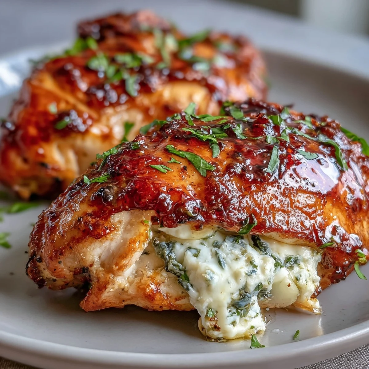 Golden-brown Hot Honey Ricotta Stuffed Chicken breasts rest on a white plate, oozing creamy ricotta and herbs from a slice.