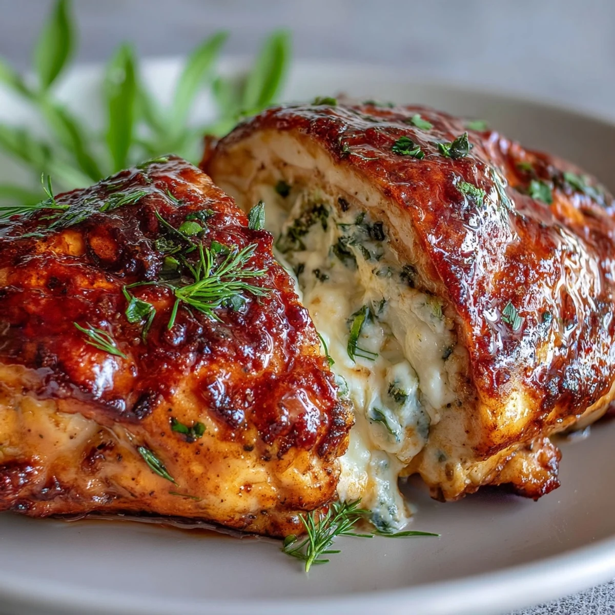 A fork slices into tender Hot Honey Ricotta Stuffed Chicken, revealing a rich ricotta and herb filling, perfect for dinner.