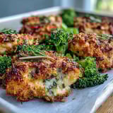 Golden-brown Parmesan broccoli and chicken from a single tray, served hot with fresh parsley and lemon wedges.