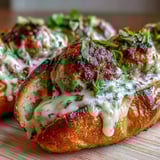 Perfectly toasted sub rolls stuffed with savory turkey meatballs, smothered in a creamy garlic-Parmesan sauce, and garnished with fresh chopped parsley for a vibrant finish.