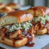 Juicy slow-cooked shredded chicken smothered in sweet and tangy barbecue sauce, served on fresh sandwich buns.  