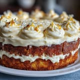 Fluffy lemon sunshine cake crowned with creamy frosting and fresh floral decorations.