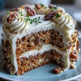 Moist Easter carrot cake with cream cheese frosting and candied carrot curls, a perfect springtime dessert centerpiece.  