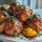Tender chicken meatballs coated in a sticky, flavorful hot honey peach sauce.