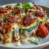 Tender chicken and zucchini bake in a luscious cream sauce, topped with melted cheese.