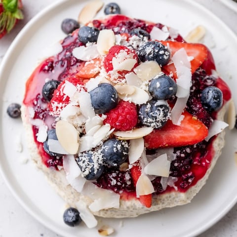 Creamy Berry Chia Pudding, brimming with fresh berries and coconut flakes, ready to enjoy cold.