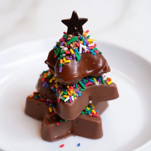 Festive Chocolate Kinder Christmas Trees, drizzled with glossy chocolate and sprinkled with colorful candy for a sweet treat.