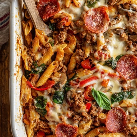 A close-up of the baked High Protein Italian Beef and Pasta Bake, featuring melted mozzarella and Parmesan over whole wheat penne and beef.