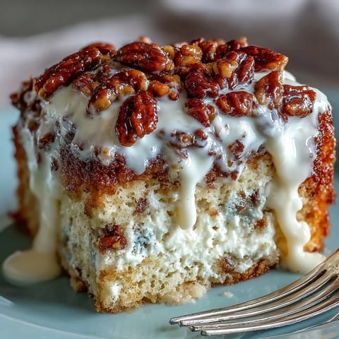 Butter Pecan Tres Leches Cake with creamy whipped topping and glossy caramel drizzle, served chilled on a dessert plate.