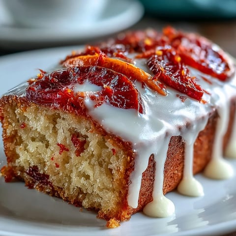 Freshly baked Heavenly Blood Orange Yogurt Cake with a bright citrus glaze dripping down the moist crumb.